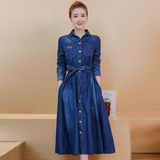 Tie Waist Denim A-line Dress