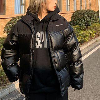 Stand-collar Panel Faux Leather Padded Jacket