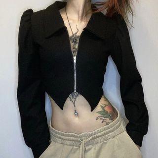 Long-sleeve Collar Plain Zip-up Cropped Top