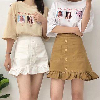 Buttoned A-line Frill Hem Skirt