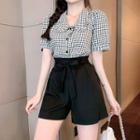 Short-sleeve Plaid Blouse / High-waist Bow Plain Shorts