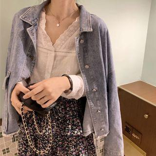 Long-sleeve Lace Trim Dotted Blouse White - One Size