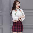 Set: Flower Embroidered Shirt + Plaid A-line Skirt
