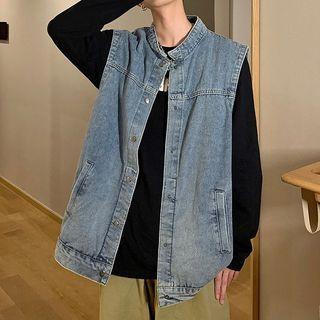 Stand Collar Button-up Denim Vest