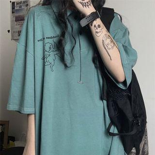 Elbow-sleeve Graphic Print Polo Shirt
