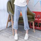 Cat Embroidered Drawcord Striped Cropped Pants