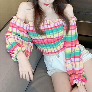 Long-sleeve Plaid Smocked Top As Shown In Figure - One Size