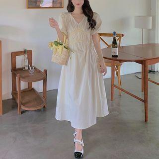 Puff-sleeve V-neck Waist Dress