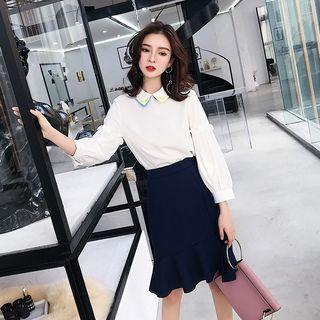Set: Contrast Trim Collar Blouse + Slit-side Mermaid Skirt