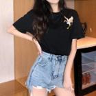 Crane Embroidered Short-sleeve T-shirt Black - One Size