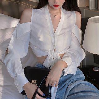 Cold-shoulder V-neck Tie-hem Cropped Blouse