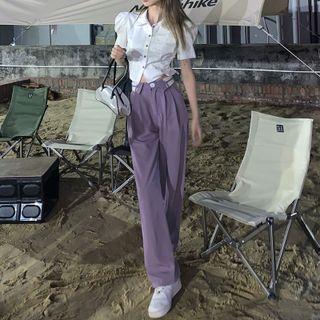 High-waist Wide-leg Dress Pants / Puff-sleeve Shirt