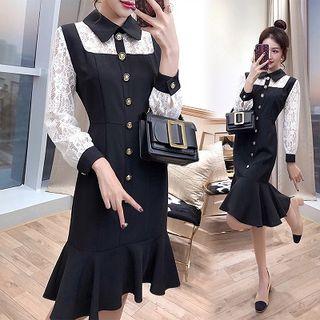 Mock Two Piece Lace Long-sleeve Dress