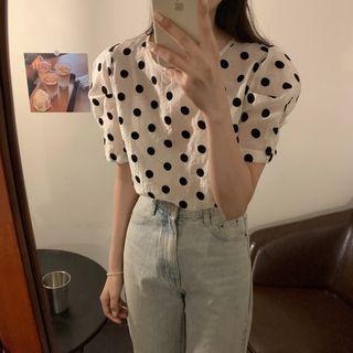 Puff-sleeve Dotted Mesh Top As Shown In Figure - One Size