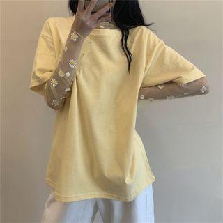 Long-sleeve Floral Print Mesh T-shirt / Short-sleeve T-shirt