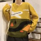 Long-sleeve Round-neck Print Color-block Knit Top Yellow - One Size