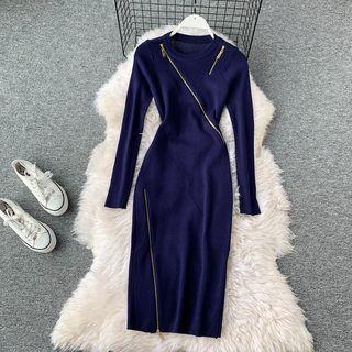 Long-sleeve Zip Trim Knit Sheath Dress