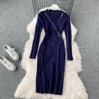 Long-sleeve Zip Trim Knit Sheath Dress