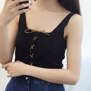 Lace Up Plain Knit Tank Top