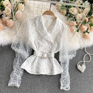 Dots Mesh Puff-sleeve Panel Top