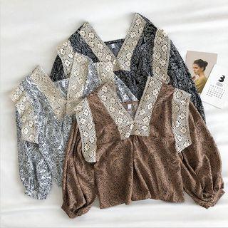 Eyelet-lace Panel V-neck Long-sleeve Top