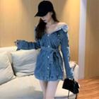 Off-shoulder Long Sleeve Denim Mini Sheath Dress