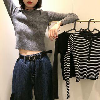 Plain Long-sleeve Slim-fit Cropped Knit Top