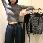 Plain Long-sleeve Slim-fit Cropped Knit Top