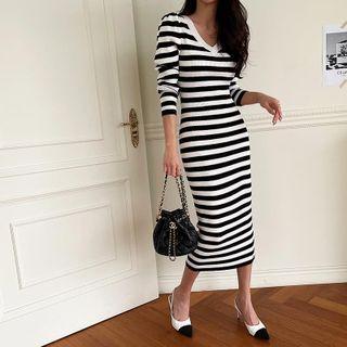 Stripe Long Ribbed-knit Dress Black - One Size