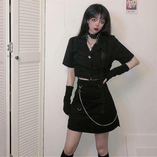 Cropped Short-sleeve Shirt / High-waist Mini A-line Skirt