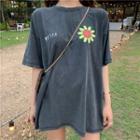 Short-sleeve Flower Print T-shirt Dark Gray - One Size