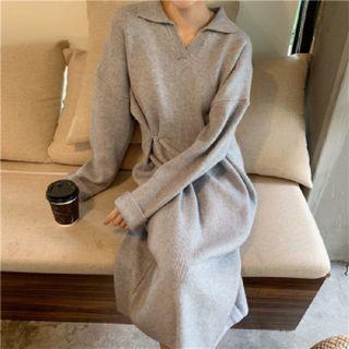 Button-waist Plain Knit Midi Dress