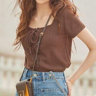 Plain Lace Up Short Sleeve Crop Top