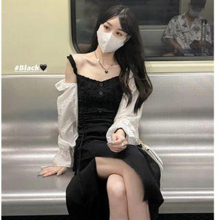 Spaghetti-strap Slit Midi A-line Dress / Cardigan