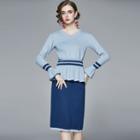 Set: Flare-sleeve Knit Top + Skirt