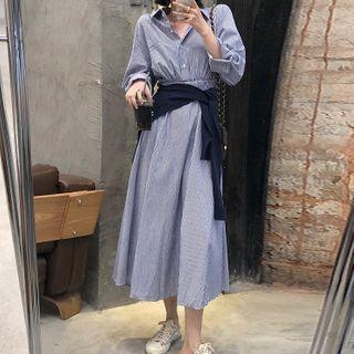 Long-sleeve Striped Shirt Dress / Shawl