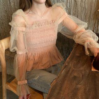 Off-shoulder Mesh Panel Long-sleeve Top Pink - One Size