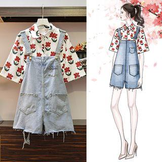 Set: Elbow-sleeve Floral Shirt + Denim Jumper Shorts