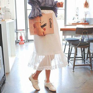 Banded-waist Ruffled-hem Laced Midi Skirt
