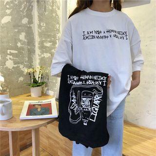 Elbow-sleeve Floral Print Lettering Loose-fit Crewneck T-shirt
