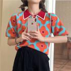 Puff-sleeve Polo-neck Flower Print Knit Top Orange Flowers - Blue - One Size
