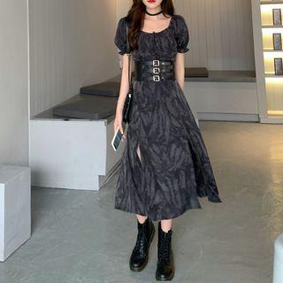 Puff-sleeve Slit Midi A-line Dress / Skirt / Corset Belt