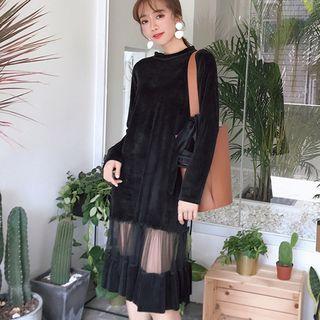 Mesh Panel Long-sleeve Midi Dress With Belt