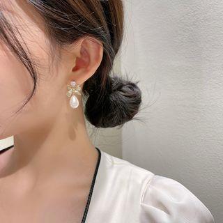 Bow Rhinestone Faux Pearl Drop Earring 1 Piece - S925 Silver - White & Gold - One Size