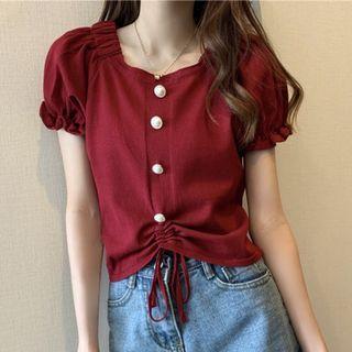 Drawstring Puff Short-sleeve Knit Shirt