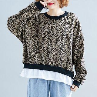 Mock Two-piece Long-sleeve Leopard Print T-shirt