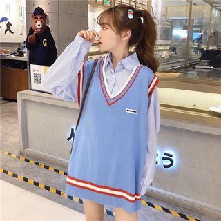 Long-sleeve Button-down Shirt / Sleeveless Knit Top