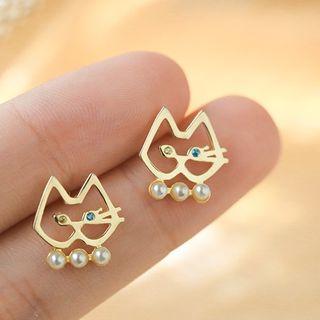925 Sterling Silver Faux Pearl Cat Earring