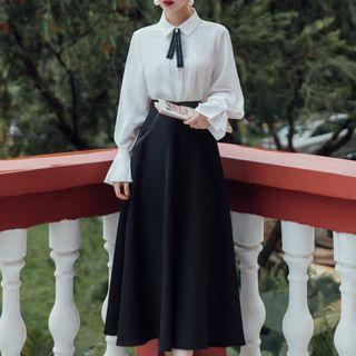 Set: Flared-cuff Blouse + Midi A-line Skirt