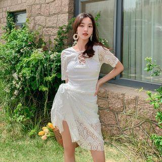 Set: Short-sleeve Lace Open Back Swimsuit + Cover Up